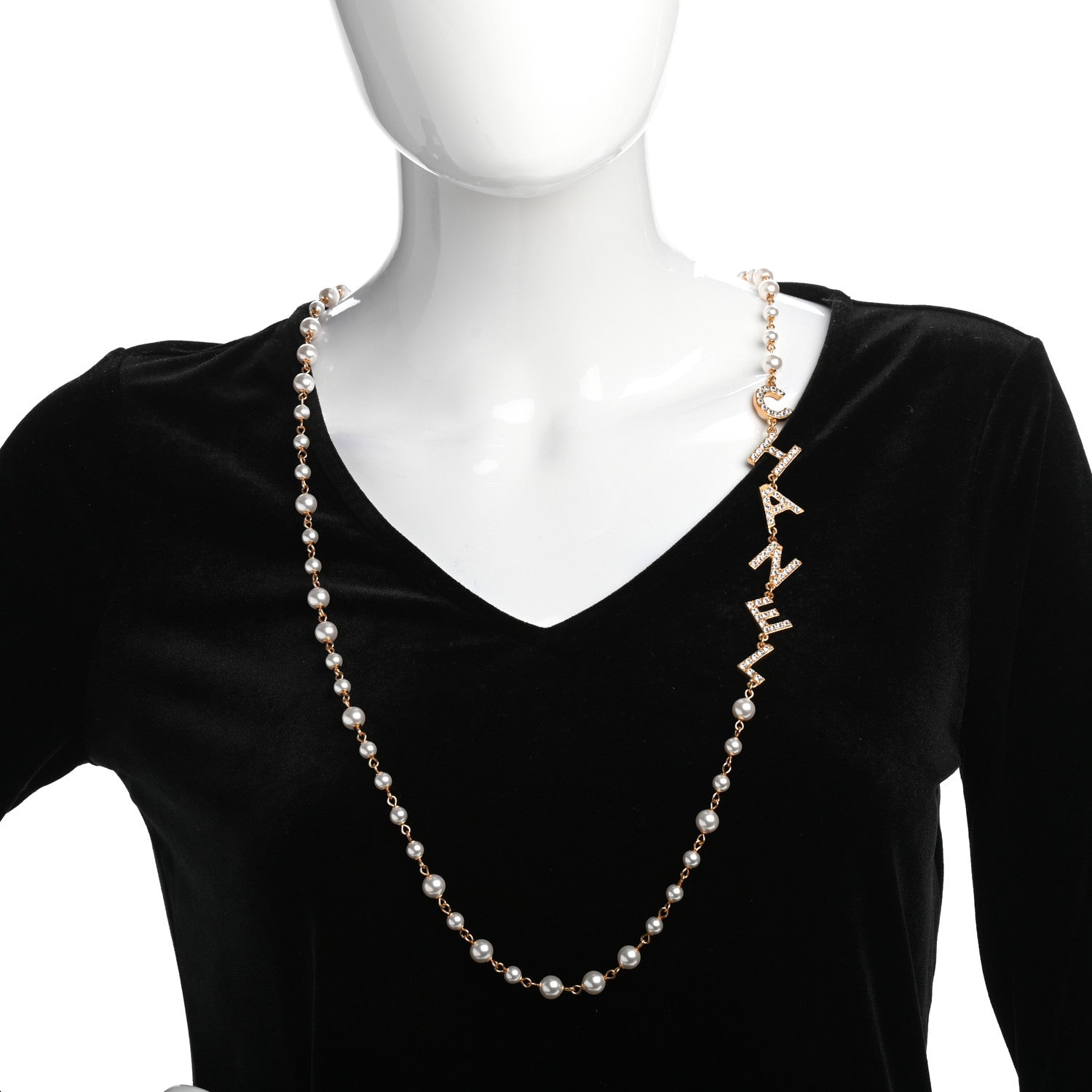 Chanel Metal Crystal Pearl 90’s Icon Logo Necklace Gold 2 of 4