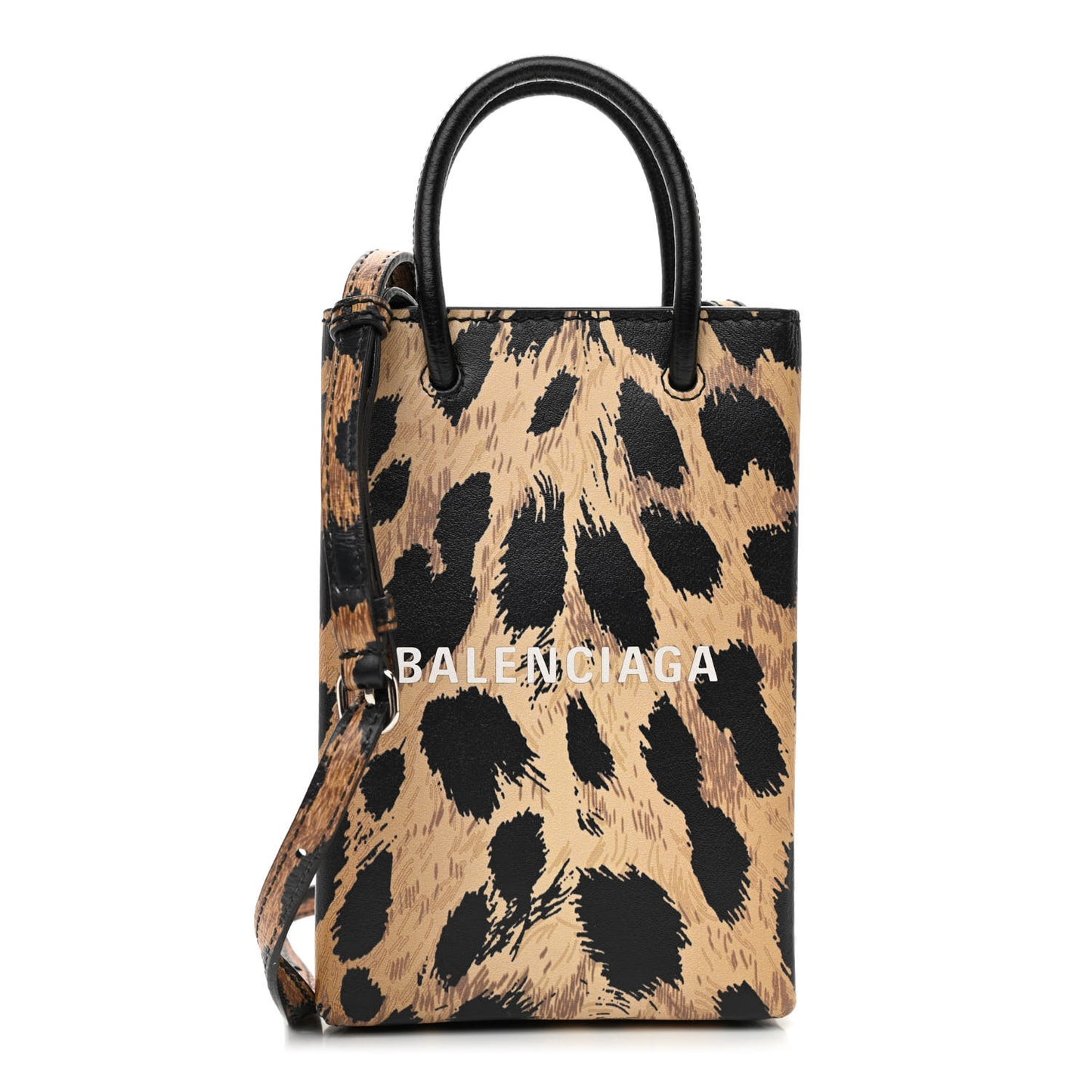 Smooth Calfskin Leopard Print Logo Shopping Phone Holder Bag Beige Black