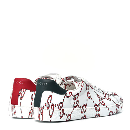 Gucci Calfskin GucciGhost Print Mens Ace Sneakers 8 White Hibiscus Red 8 of 11