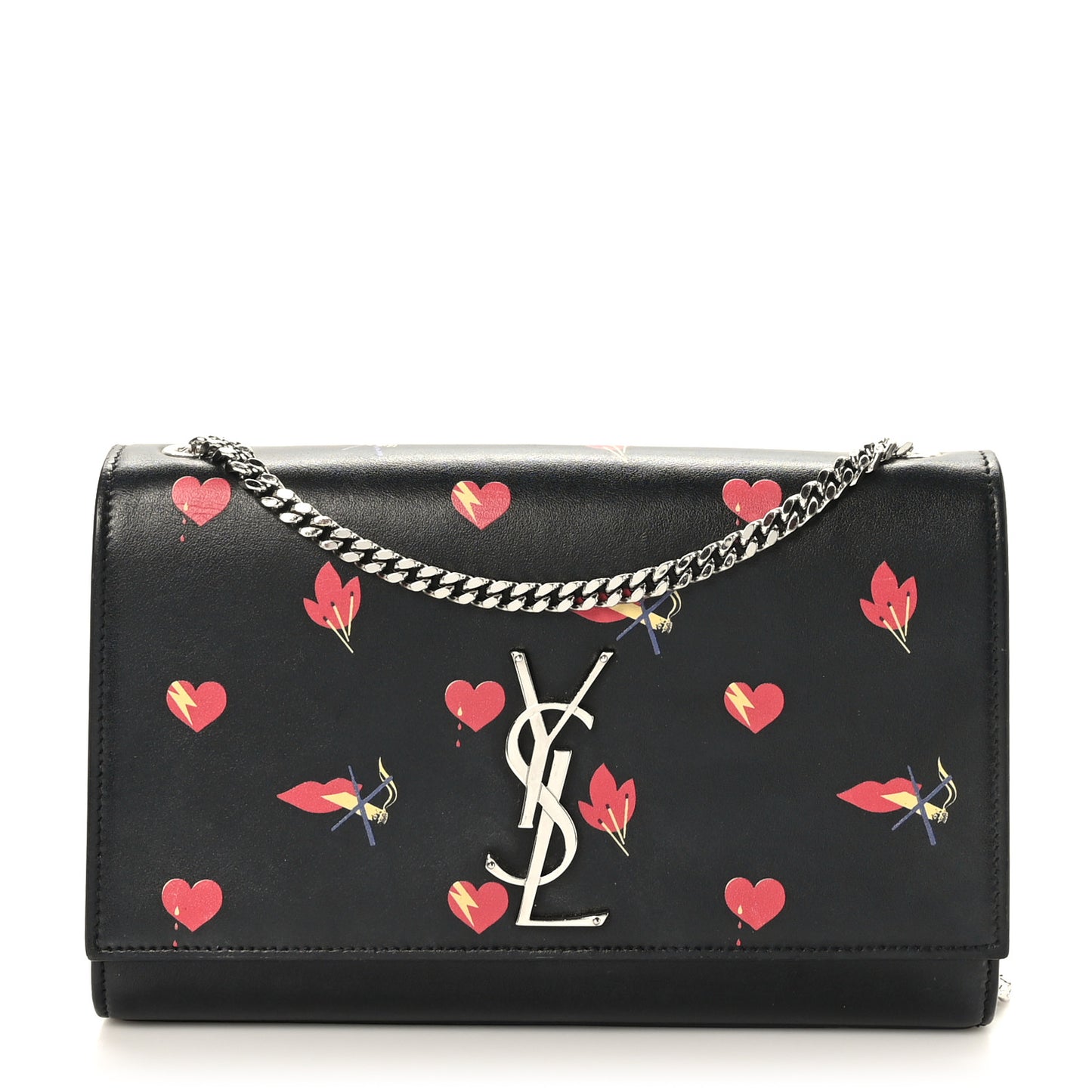 Calfskin Medium Heart Bolts Monogram Kate Satchel Black
