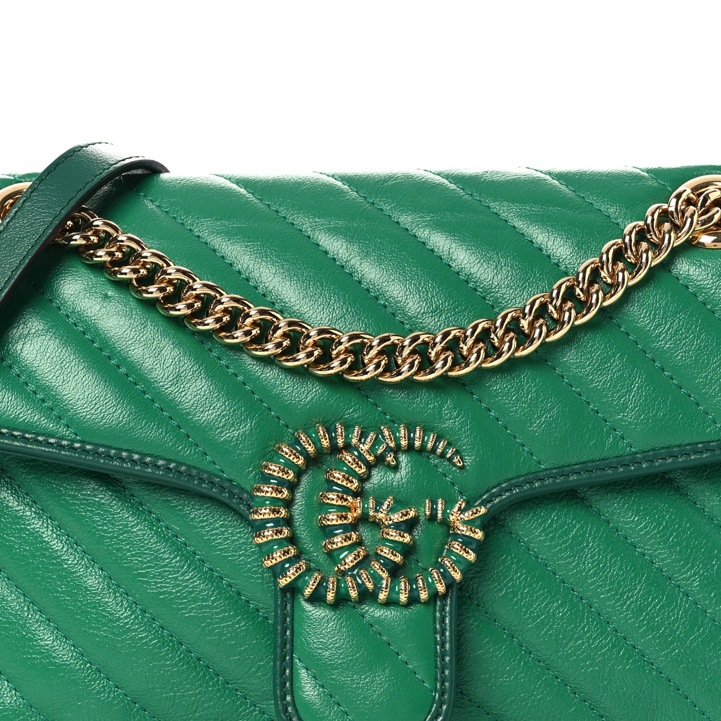 Azalea Calfskin Enamel Matelasse Diagonal Small Torchon GG Marmont Shoulder Bag New Shamarock Emerald