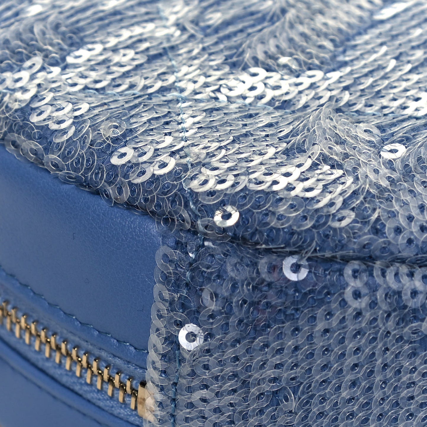 Sequin Chanel 19 Round Clutch With Chain Light Blue