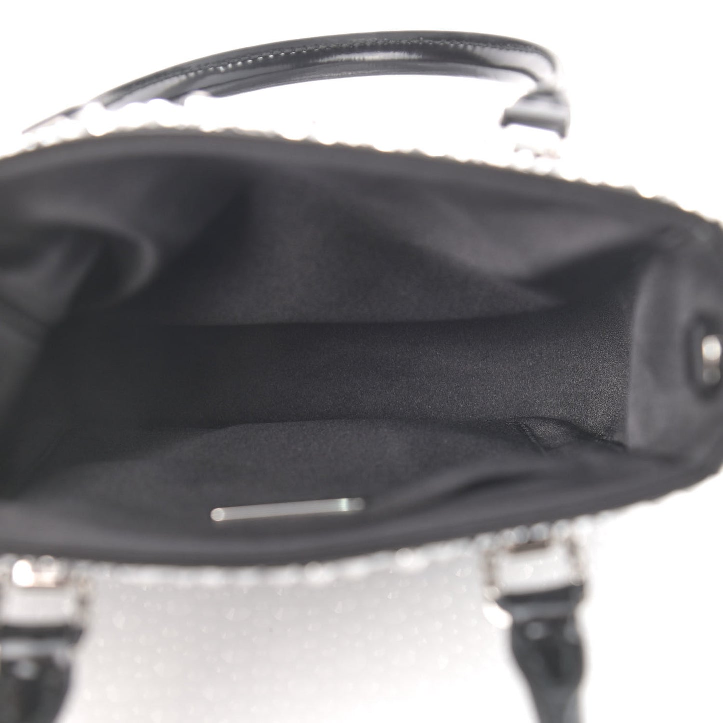 Satin Crystal Metal Triangle Logo Small Double Handle Crossbody Tote Metal
