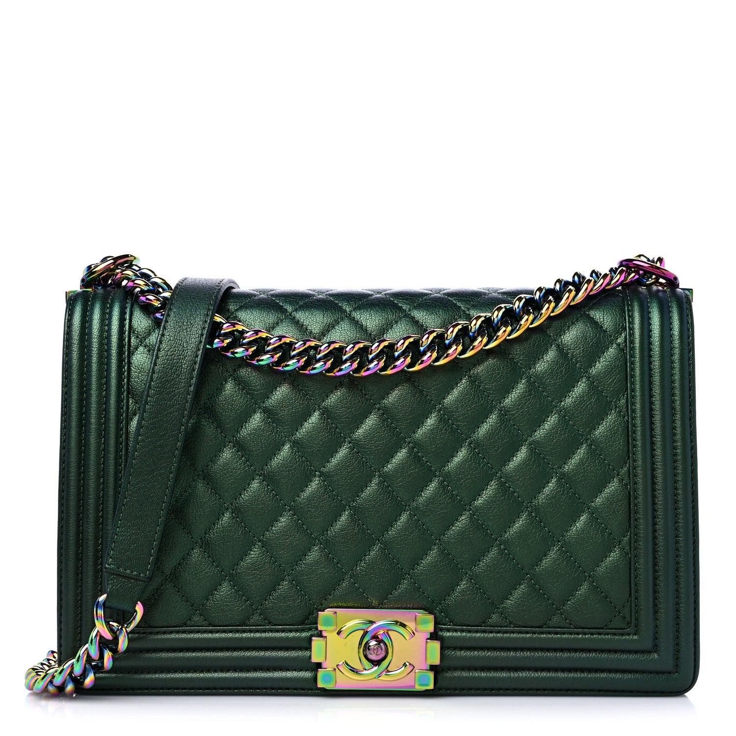 Chanel Iridescent Goatskin Quilted New Medium Boy Flap Green 1 of 9
