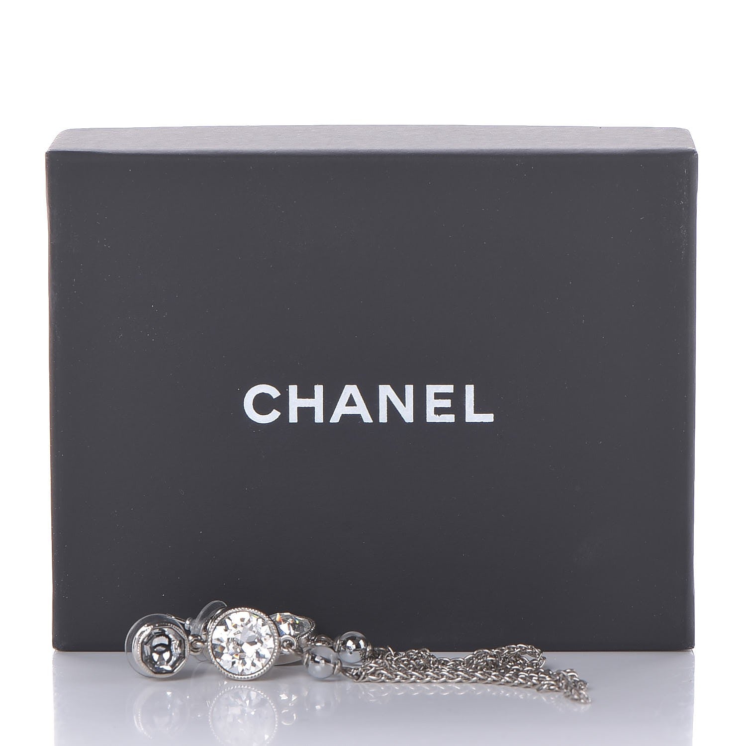 Chanel Crystal CC Chain Tassel Drop Earrings Grey 5 of 5