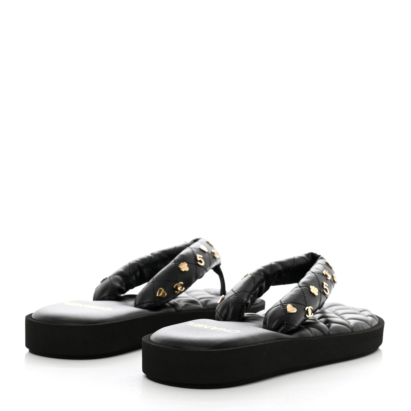 Lambskin Quilted Padded Charms Thong Sandals 41.5 Black
