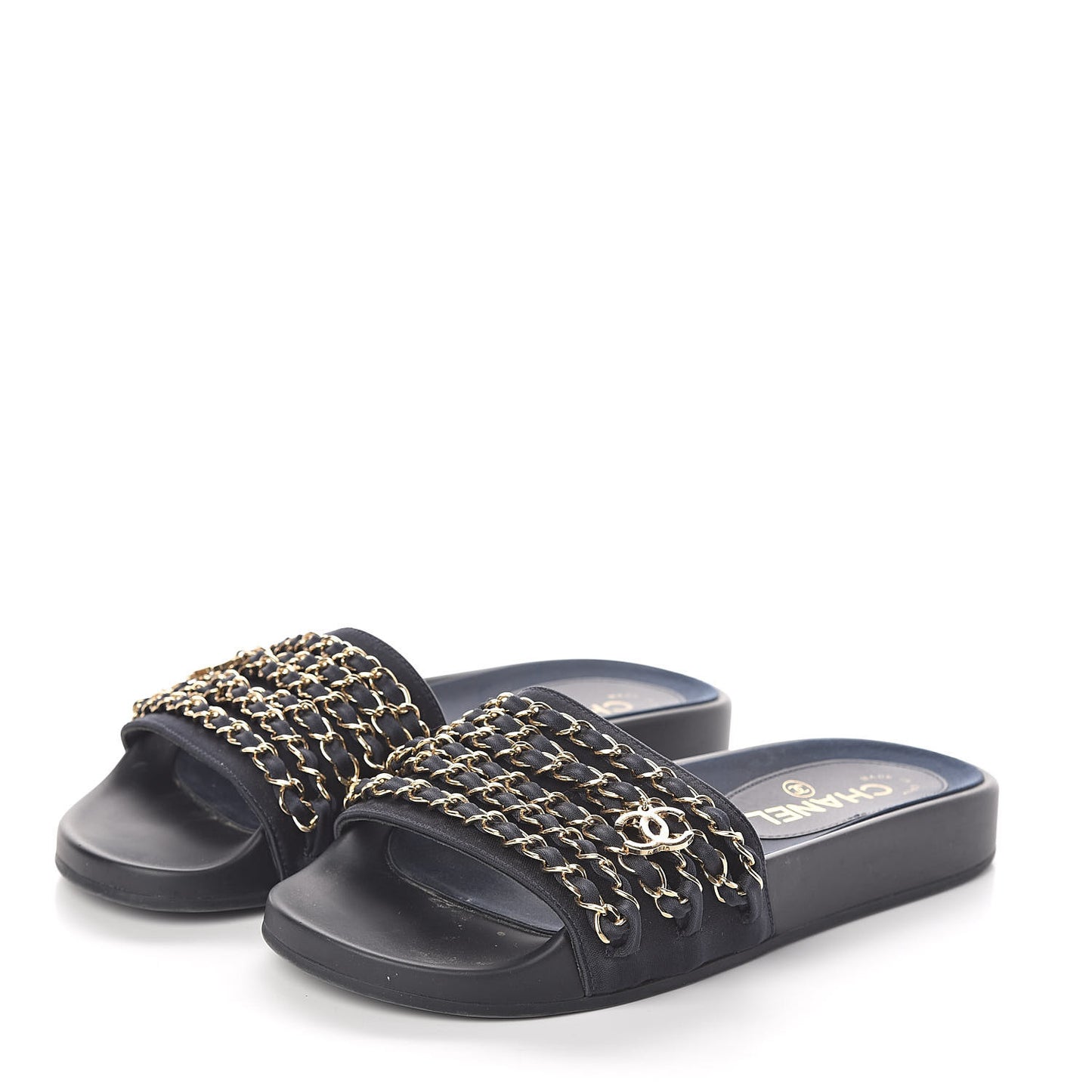 Satin Canvas Chain Flat Sandals 36 Marine