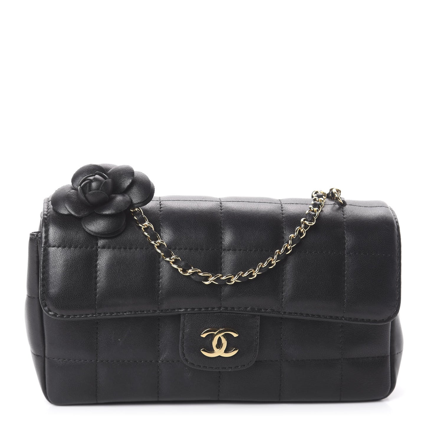 Lambskin Quilted Mini Chocolate Bar Camellia Flap Black