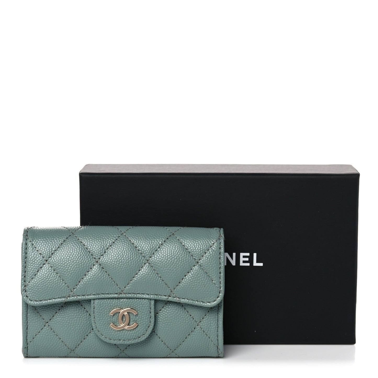 Caviar Quilted Flap Card Holder Wallet Dark Green