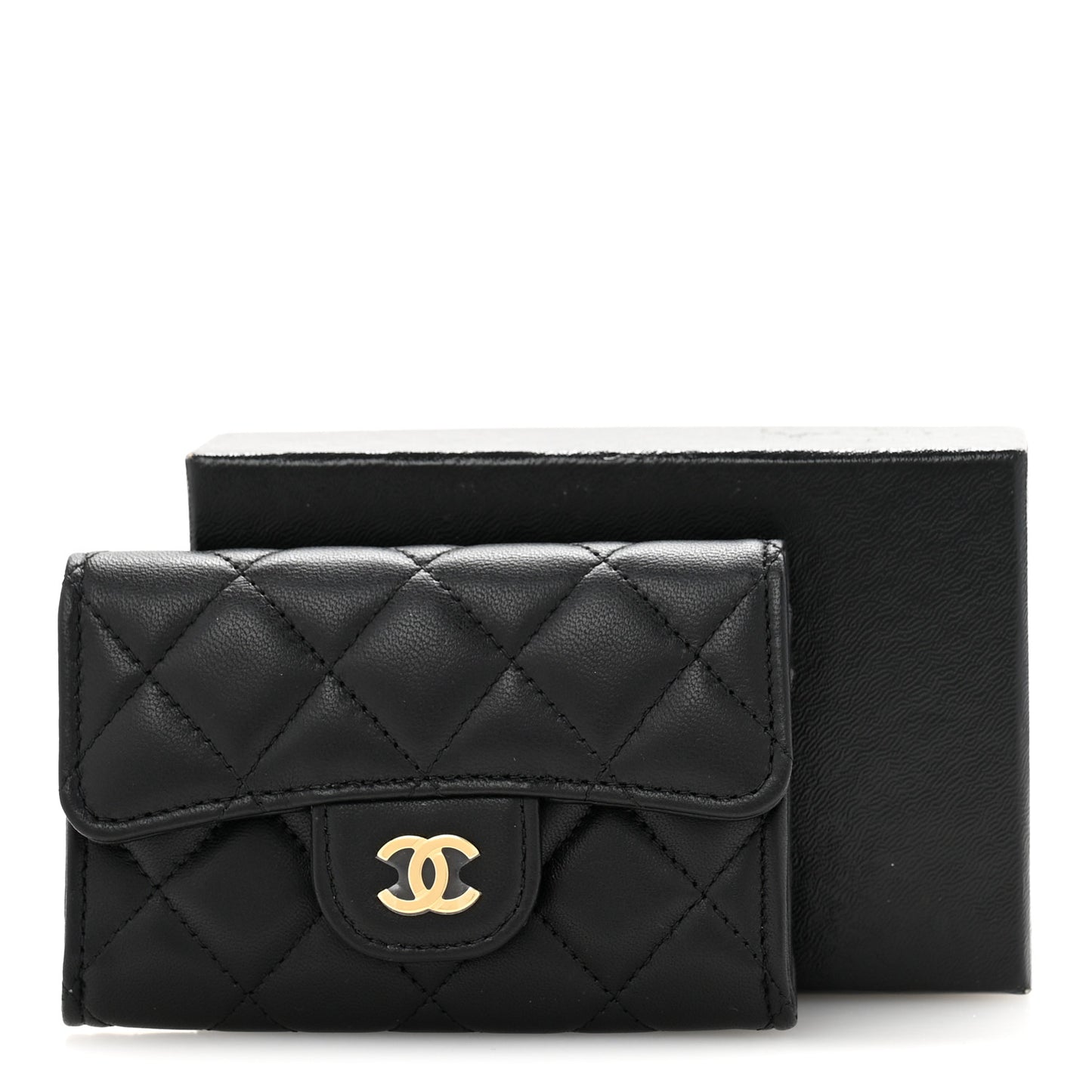 Lambskin Quilted Flap Card Holder Wallet Black