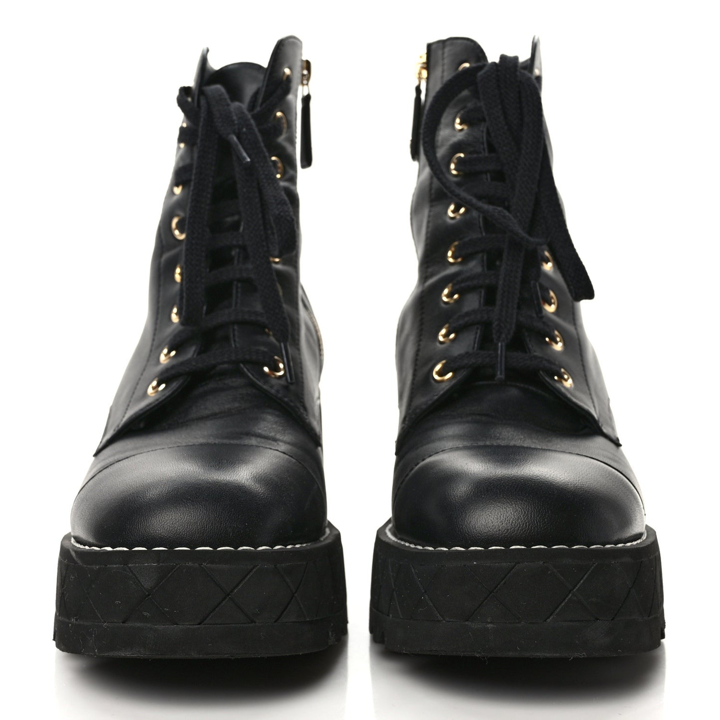 Lambskin Quilted Lace Up Wedge Combat Boots 39.5 Black