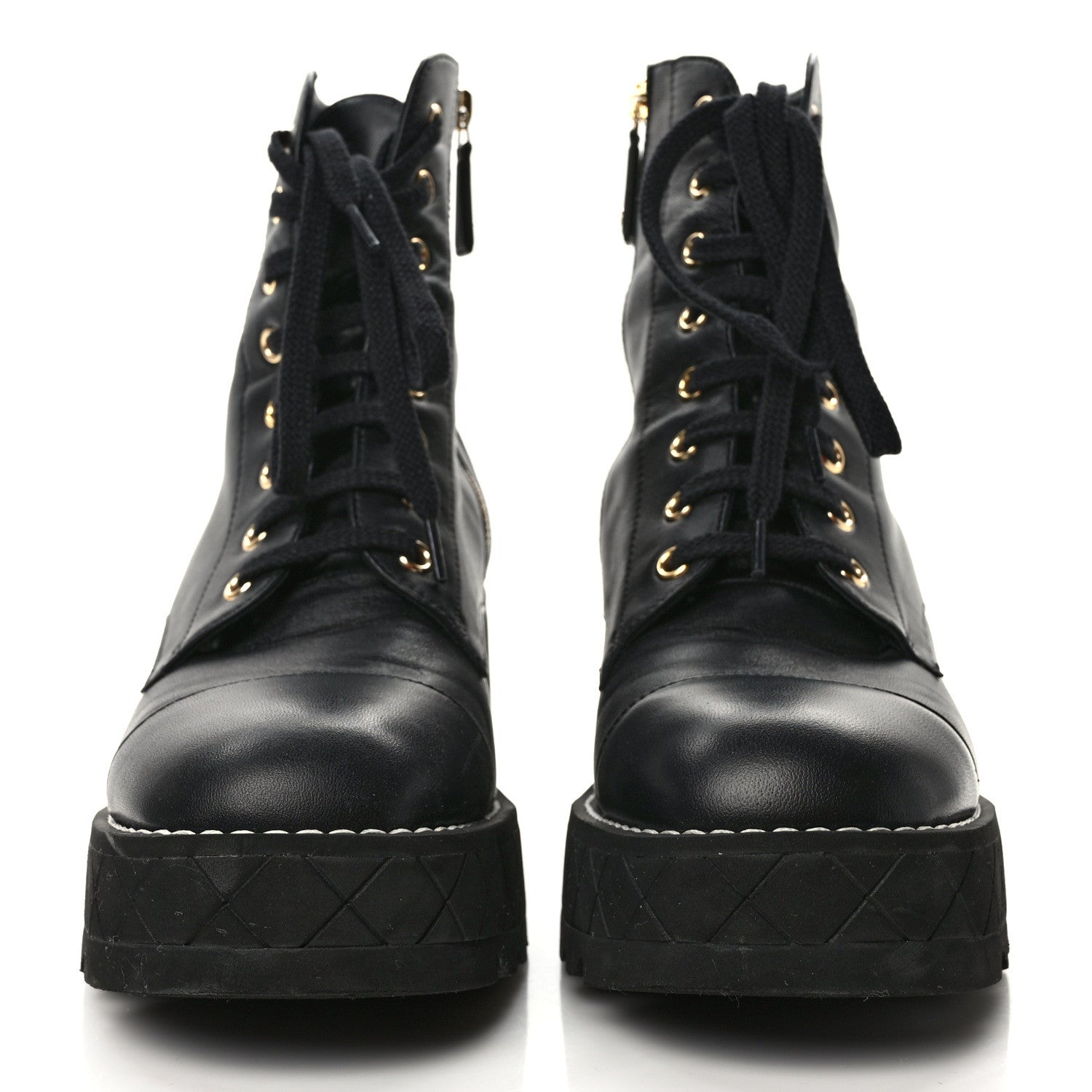 Chanel Lambskin Quilted Lace Up Wedge Combat Boots 39.5 Black 2 of 6