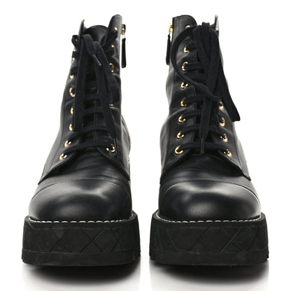 Chanel Lambskin Quilted Lace Up Wedge Combat Boots 39.5 Black 2 of 6