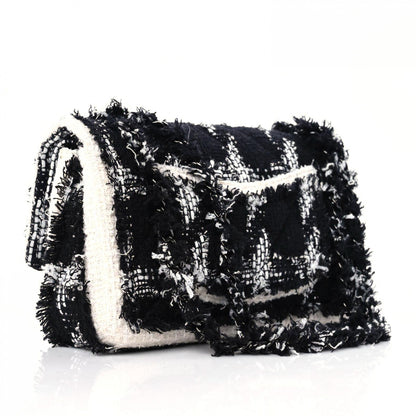 Chanel Tweed Quilted Tartan Medium Double Flap Black White 2 of 10