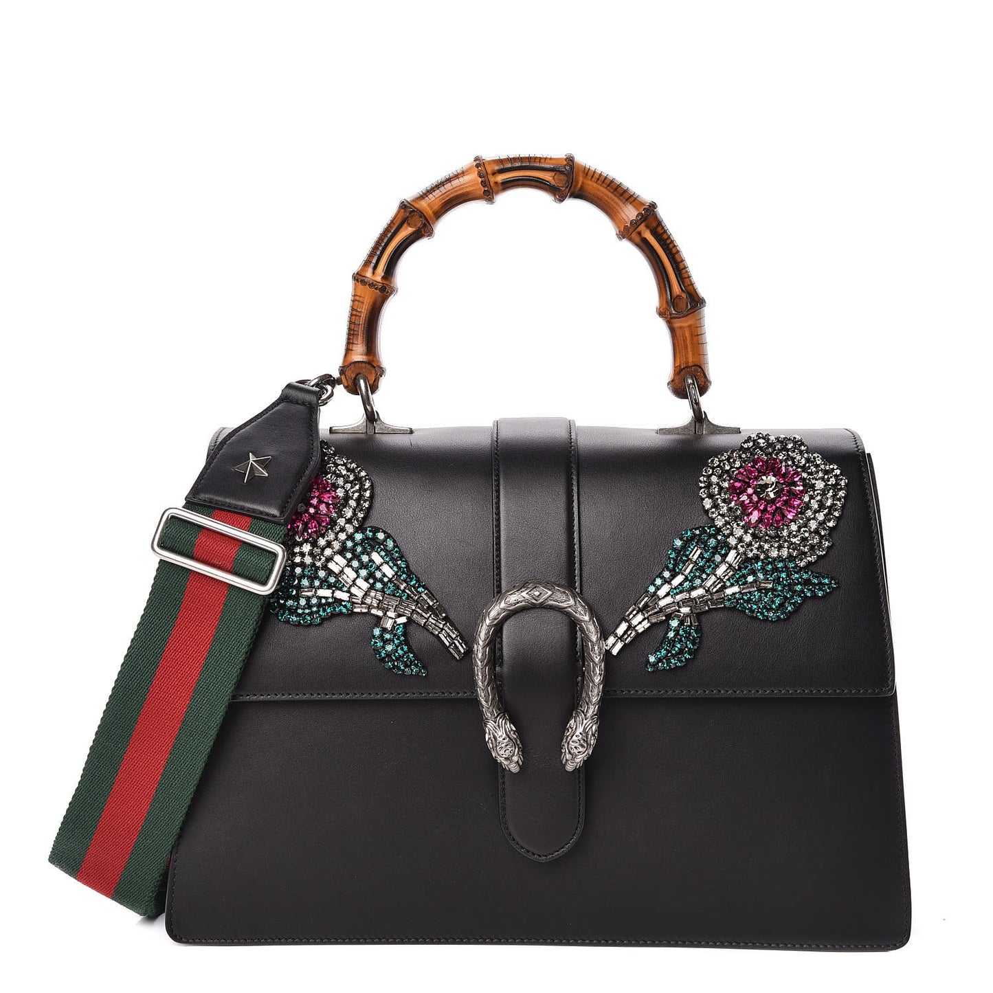 Moon Calfskin Web Crystal Flowers Large Dionysus Bamboo Top Handle Bag Black Multicolor