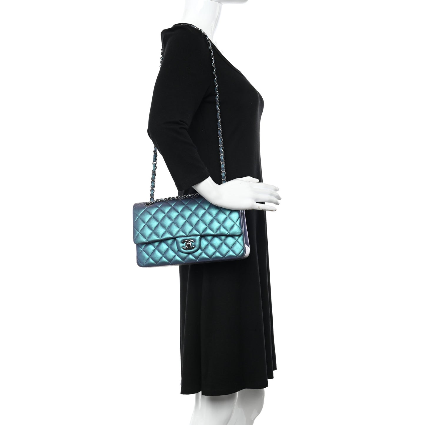 Metallic Lambskin Quilted Medium Double Flap Turquoise