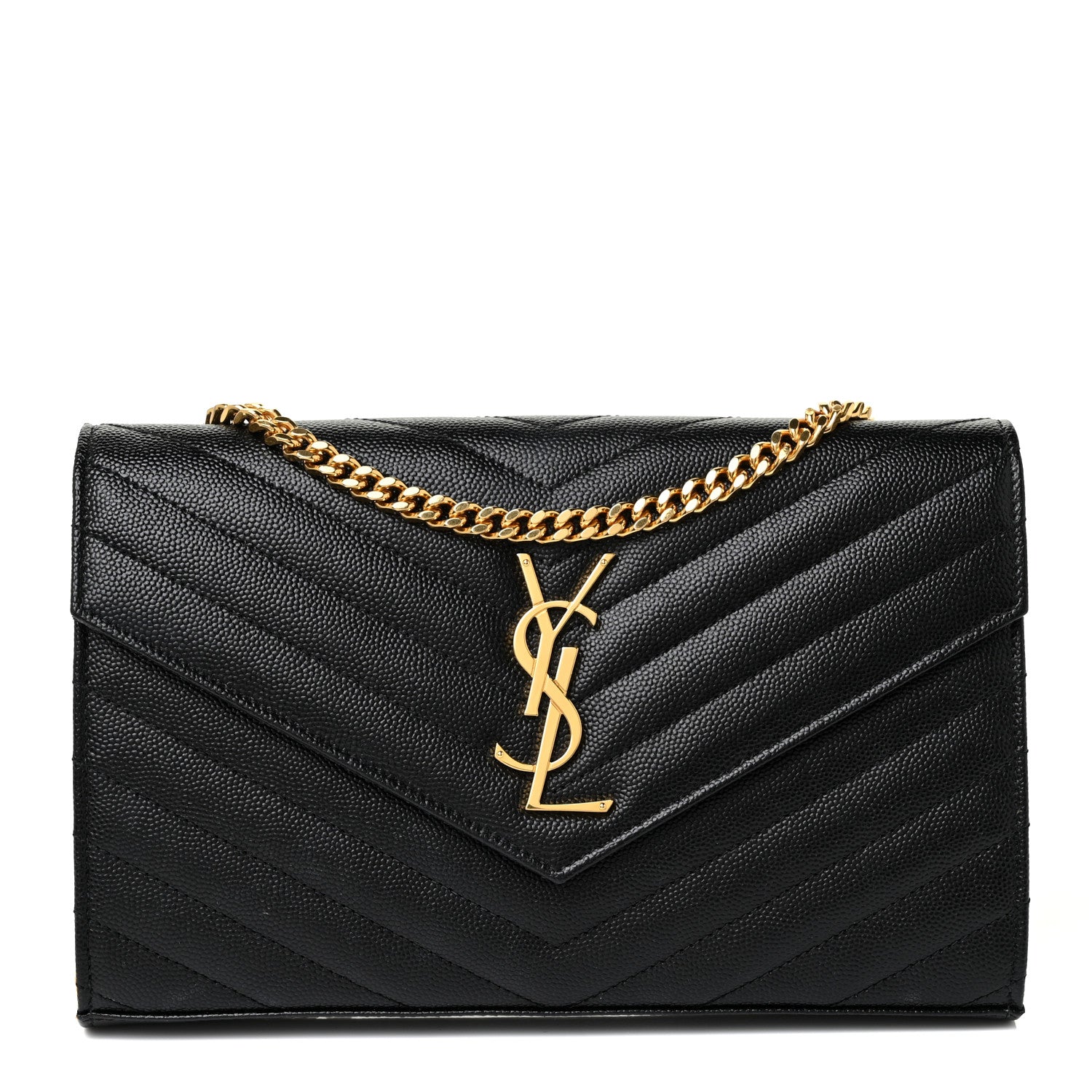 Saint Laurent Grain De Poudre Matelasse Chevron Monogram Chain Wallet Black 1 of 19
