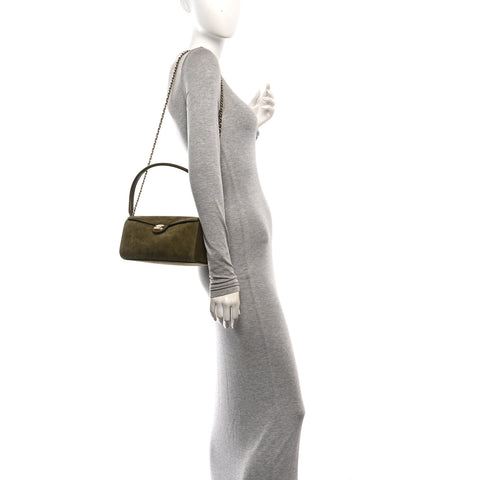 Suede Quilted Turn Around Clutch With Chain Khaki