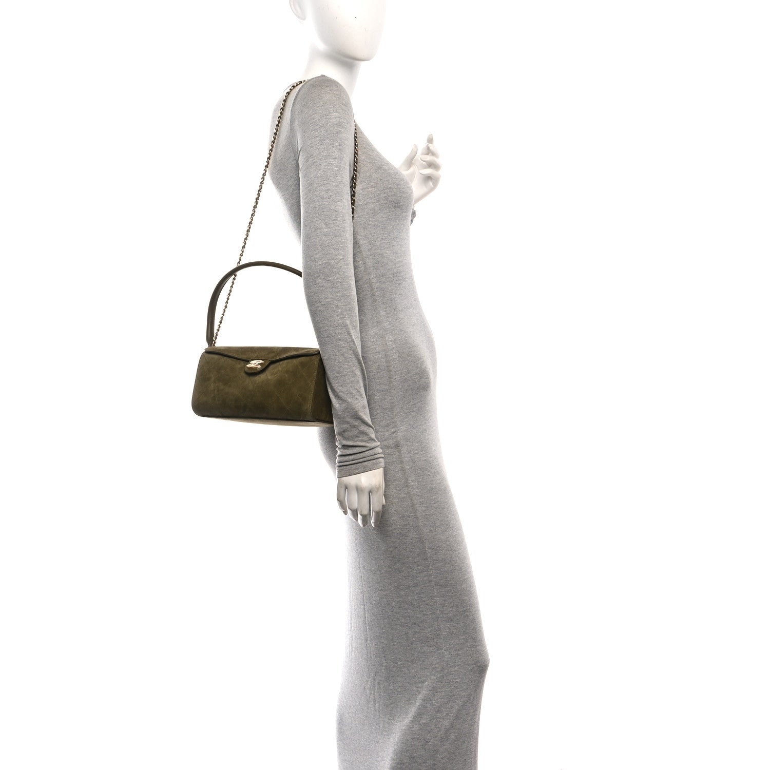 Chanel Suede Quilted Turn Around Clutch With Chain Khaki 2 of 13