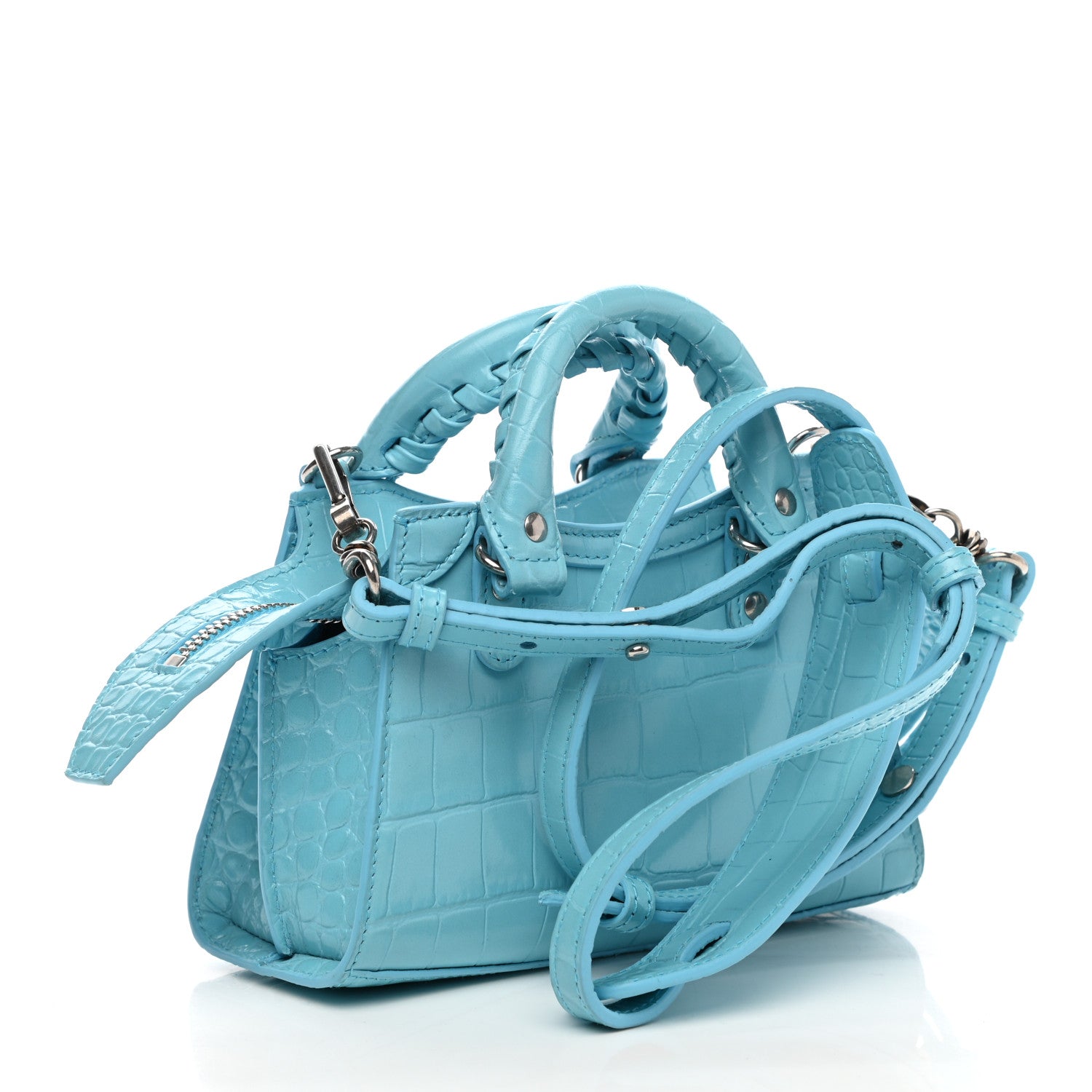 Balenciaga Calfskin Crocodile Embossed Neo Classic Silver Hardware Nano City Crossbody Azur 3 of 9