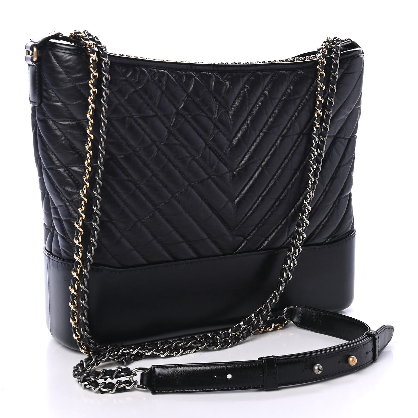 Aged Calfskin Chevron Quilted Large Gabrielle Hobo Black