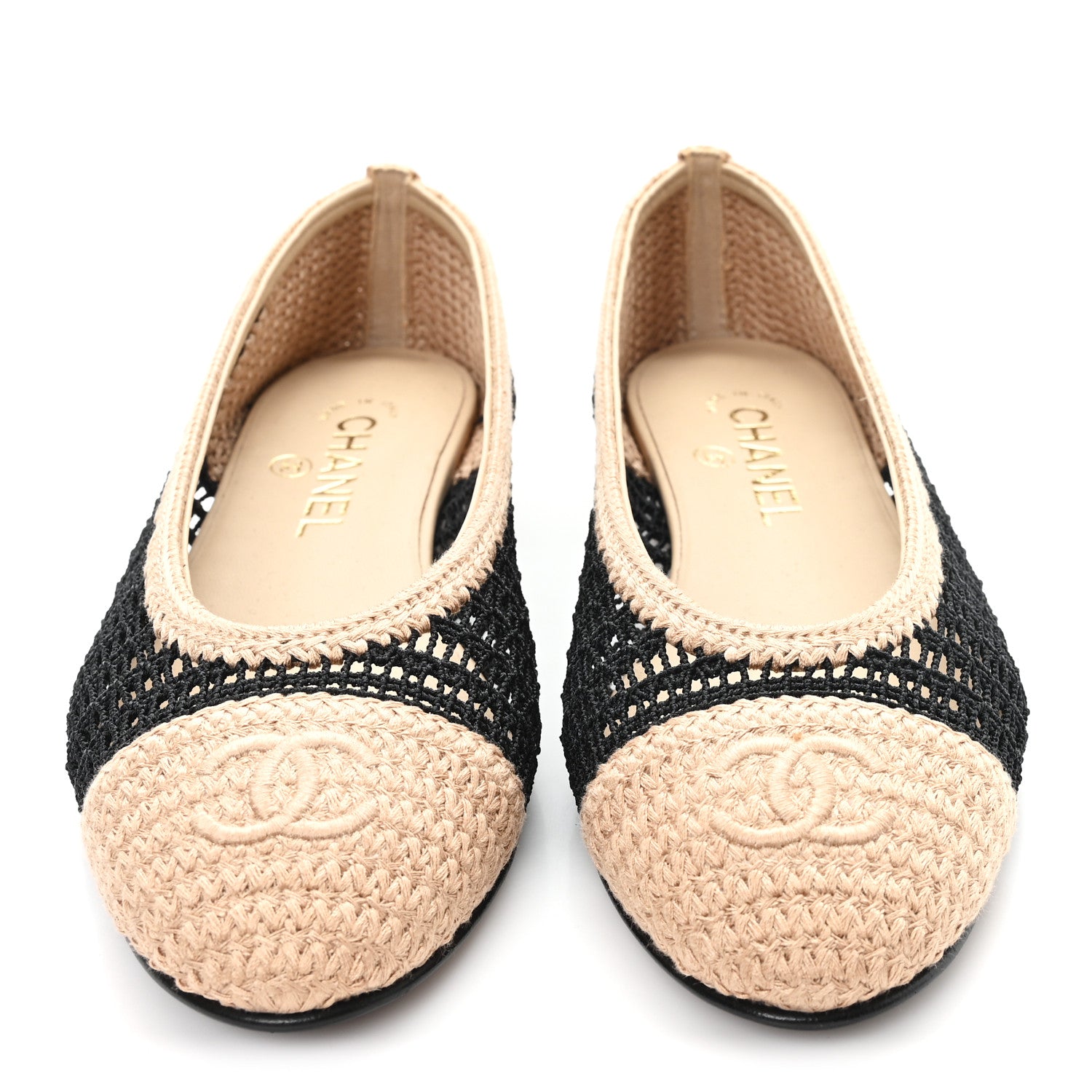 Chanel Raffia Cap Toe Ballerina Flats 37.5 Black Beige 3 of 9