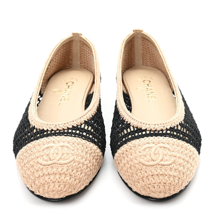 Chanel Raffia Cap Toe Ballerina Flats 37.5 Black Beige 3 of 9