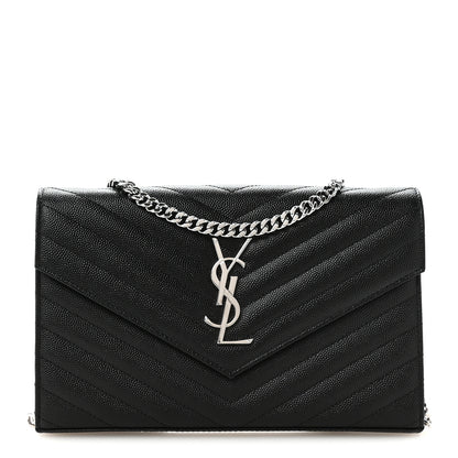 Saint Laurent Grain De Poudre Matelasse Chevron Monogram Chain Wallet Black 1 of 19