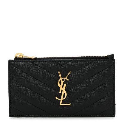 Saint Laurent Grain De Poudre Matelasse Chevron Monogram Fragments Zippered Card Case Black 1 of 6