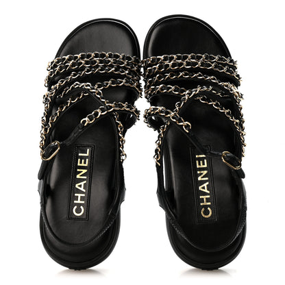 Chanel Lambskin Metal Chain Ankle Strap Sandals 36.5 Black 2 of 12