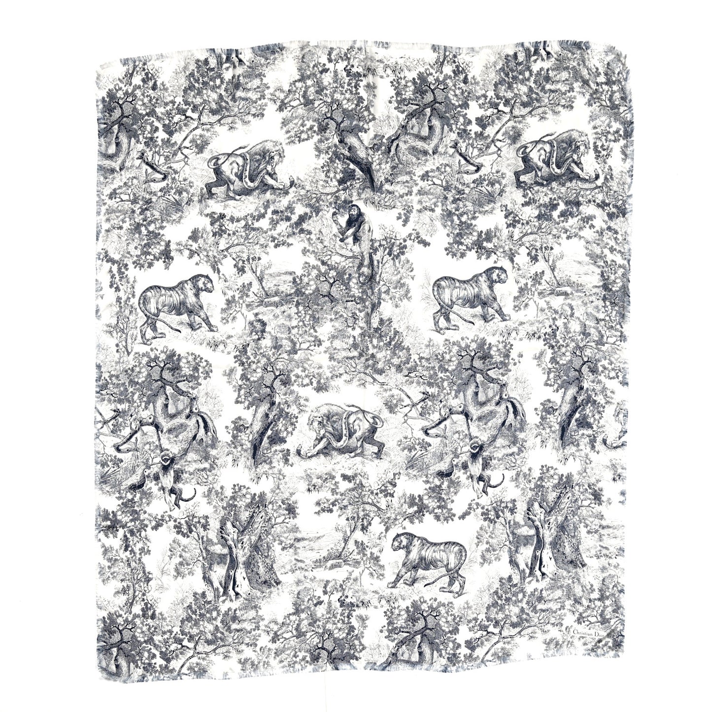 Silk Toile De Jouy Fringe Scarf Blue