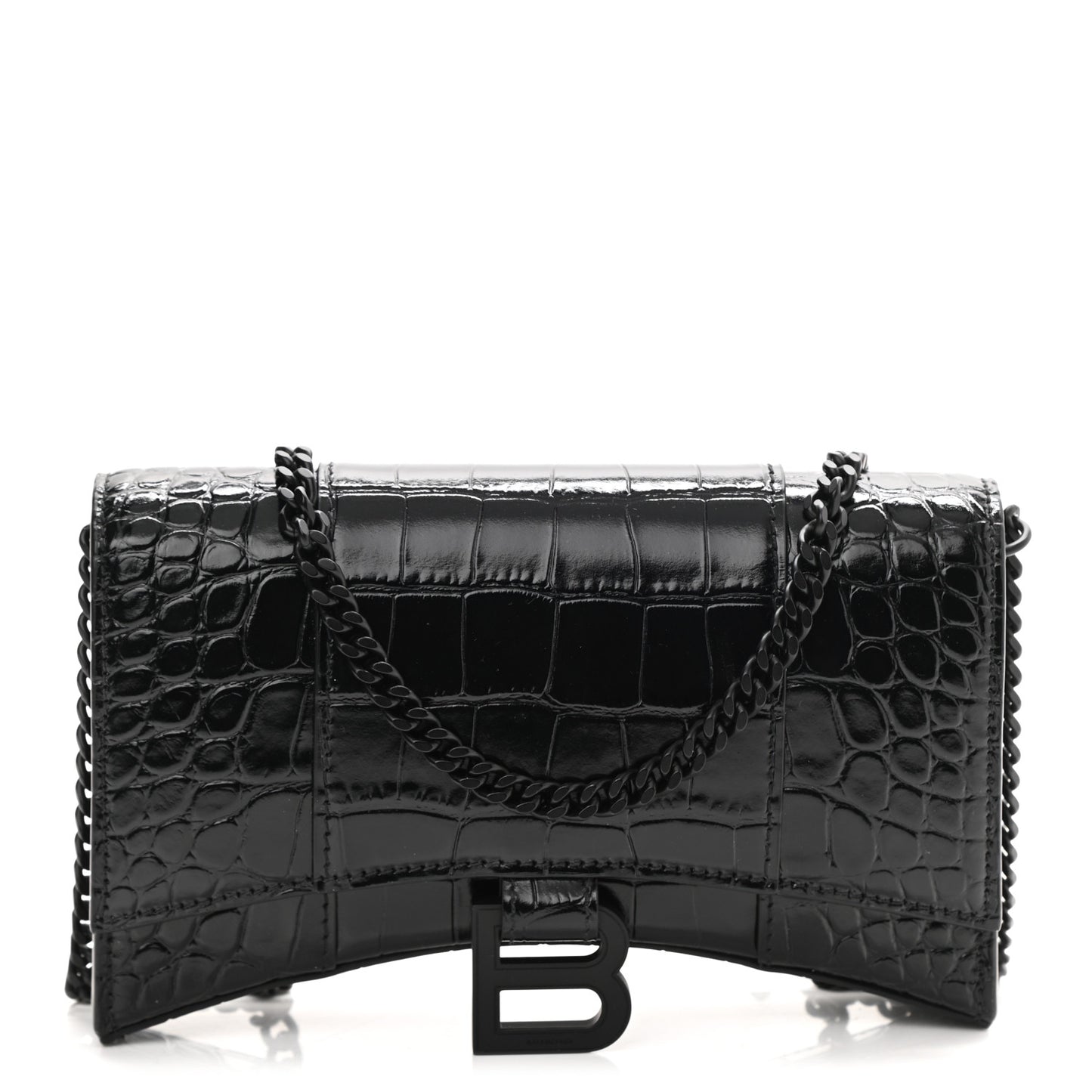 Shiny Calfskin Monochrome Crocodile Embossed Hourglass Chain Bag Black
