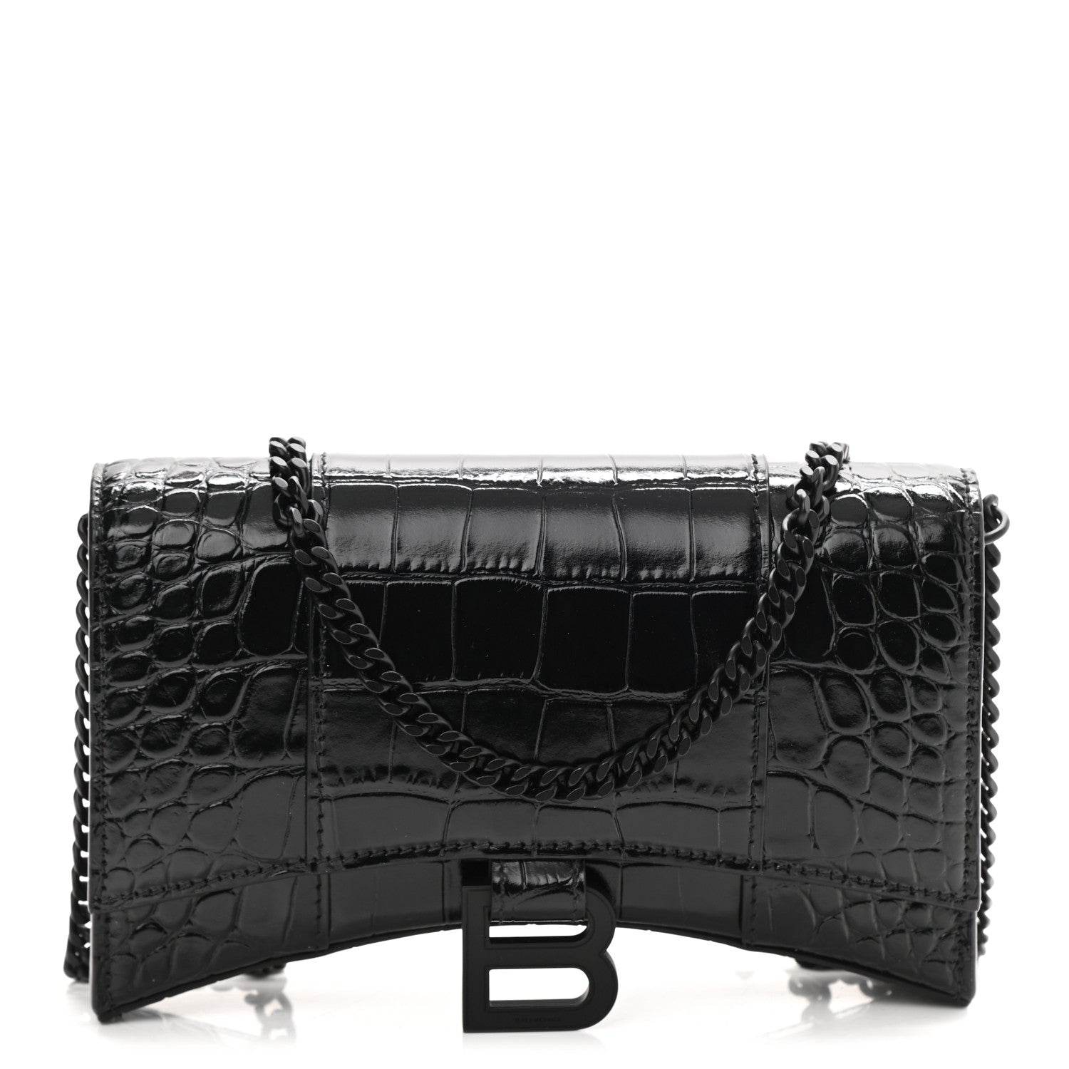 Balenciaga Shiny Calfskin Monochrome Crocodile Embossed Hourglass Chain Bag Black 1 of 8