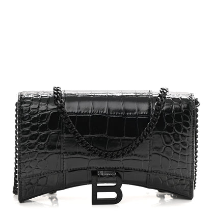 Balenciaga Shiny Calfskin Monochrome Crocodile Embossed Hourglass Chain Bag Black 1 of 8