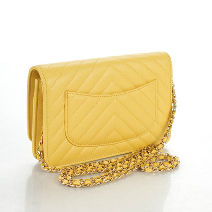 Chanel Lambskin Chevron Quilted Wallet On Chain WOC Yellow 3 of 8