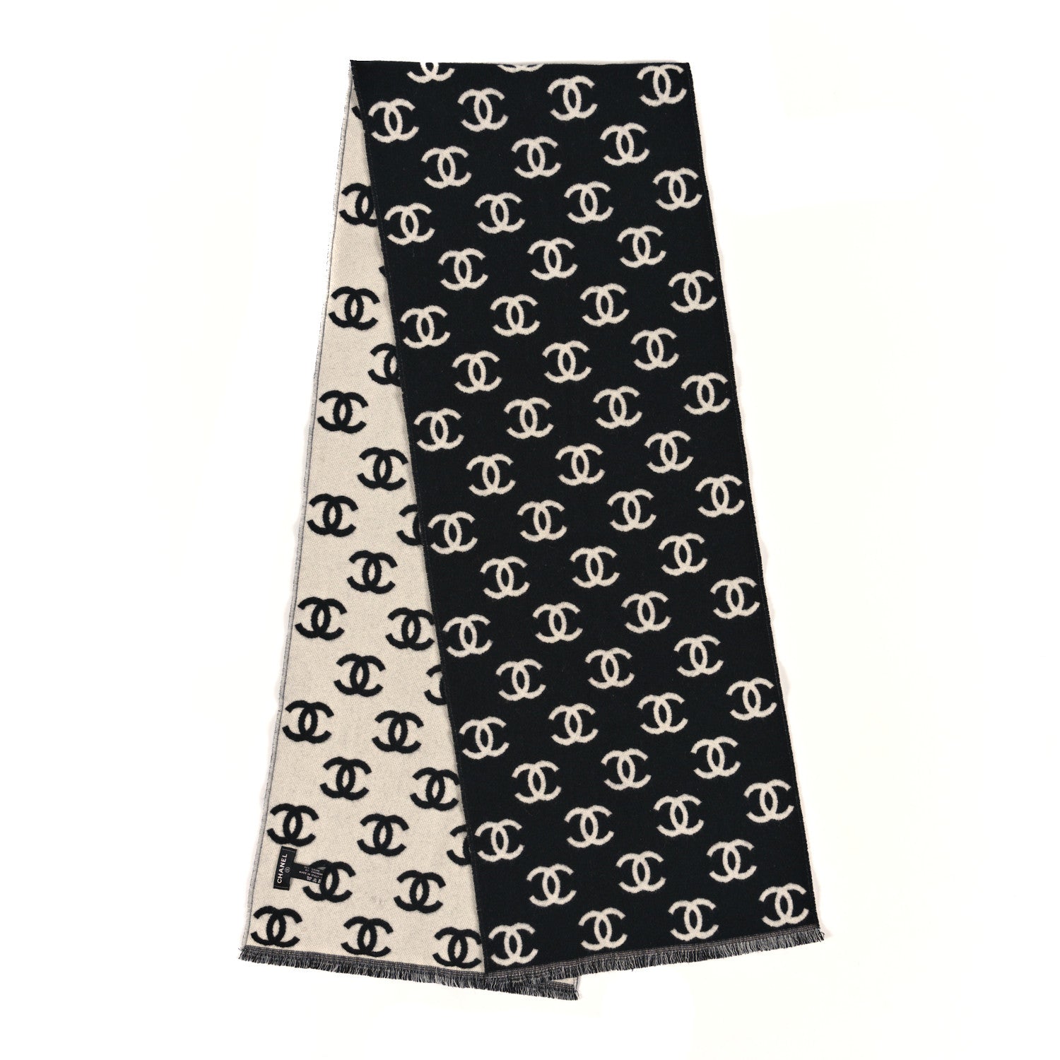 Chanel Wool Cashmere CC Scarf Black White 2 of 3