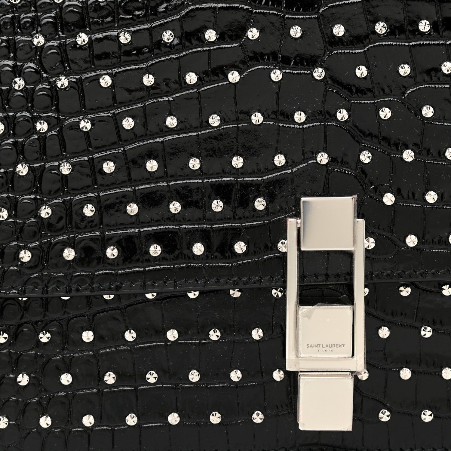 Saint Laurent Crocodile Embossed Calfskin Crystal Embellished Carre Satchel Black 13 of 16