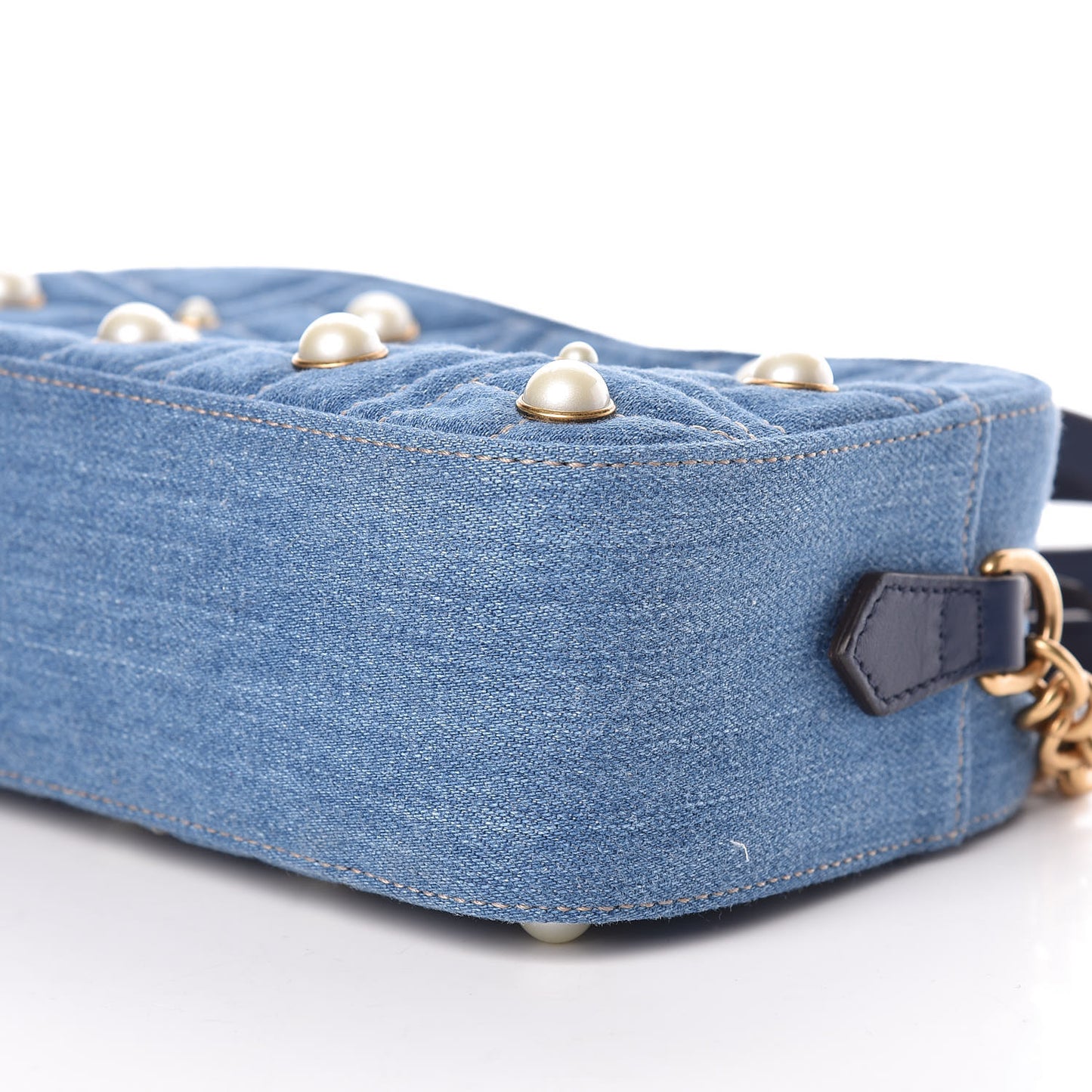 Denim Matelasse Pearl Studded Small GG Marmont Chain Shoulder Bag Blue
