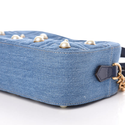 Gucci Denim Matelasse Pearl Studded Small GG Marmont Chain Shoulder Bag Blue 8 of 9