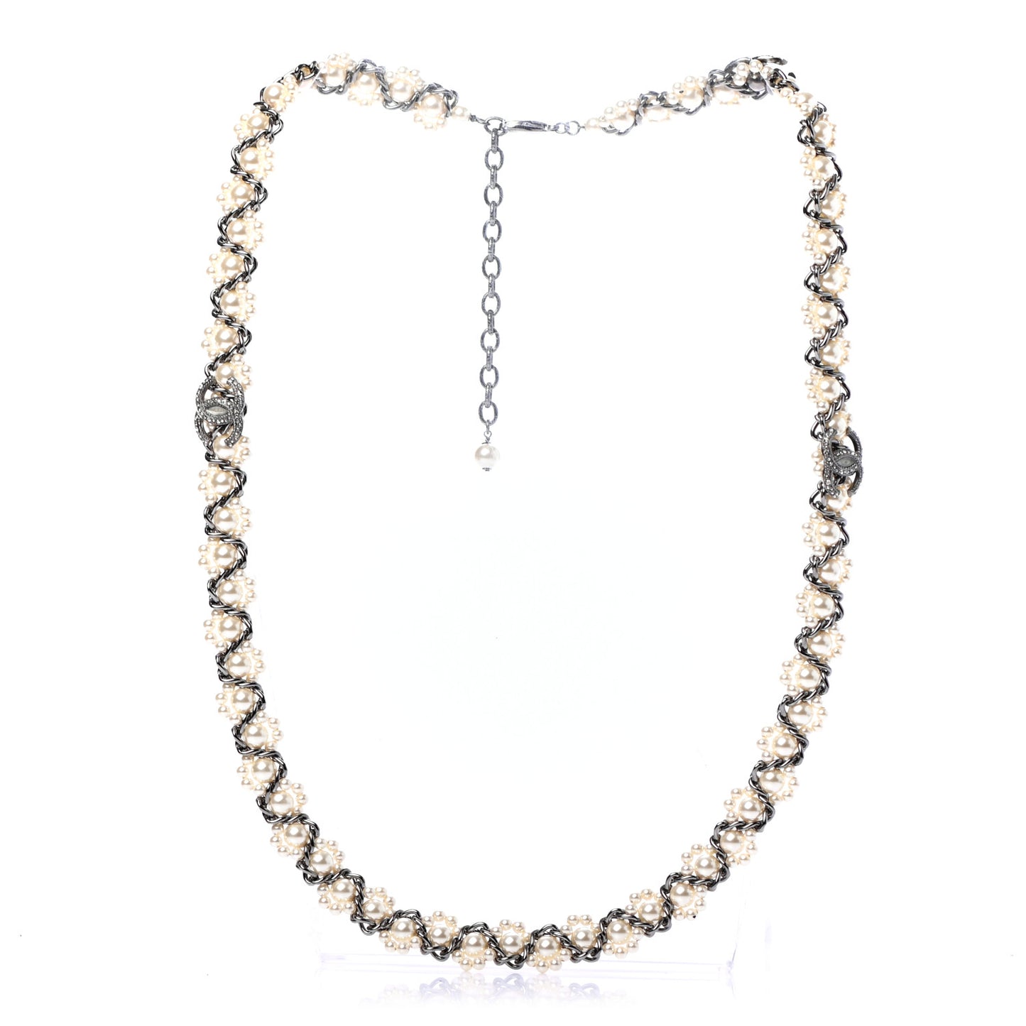 Crystal Pearl CC Braided Necklace Silver Pearly White