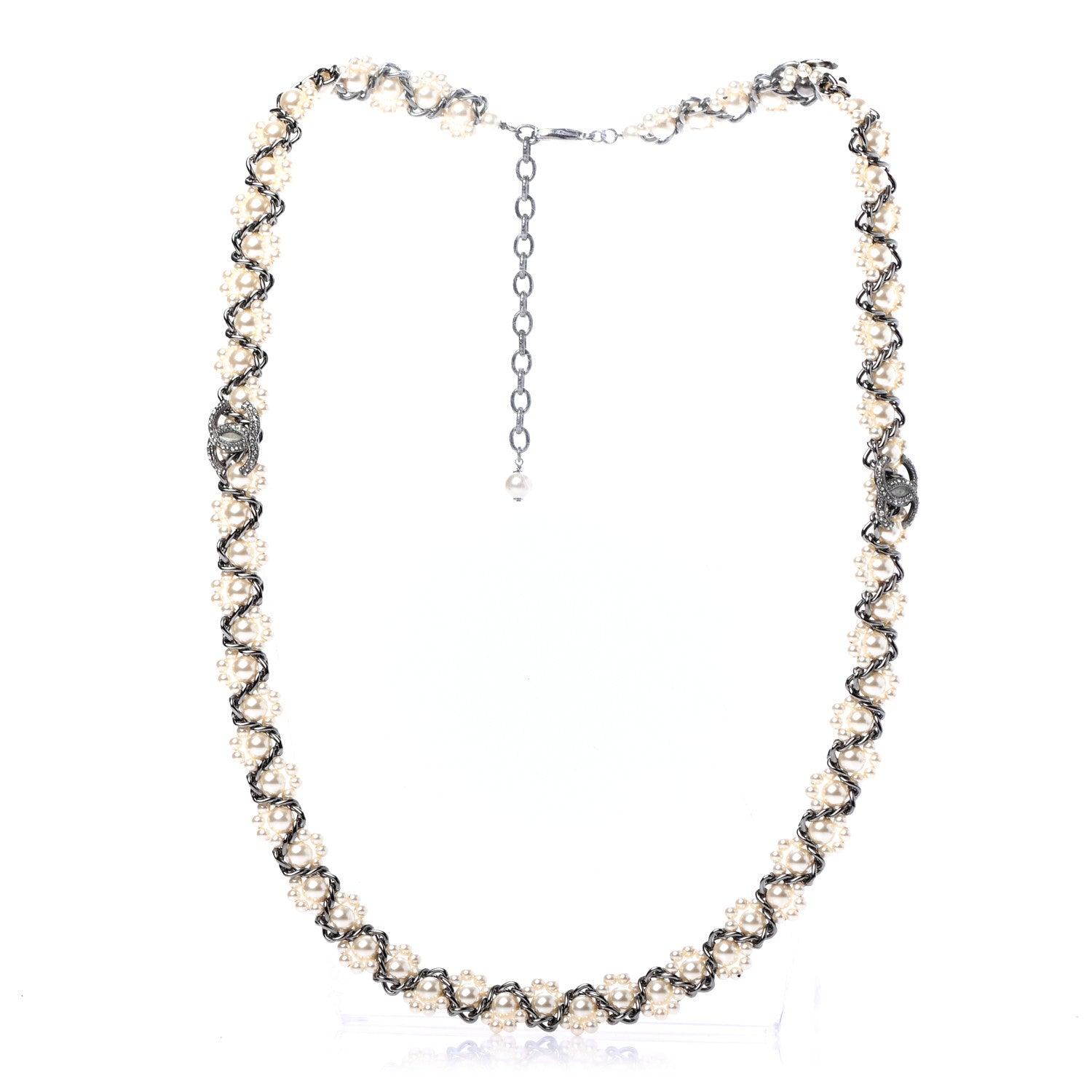 Chanel Crystal Pearl CC Braided Necklace Silver Pearly White 3 of 5