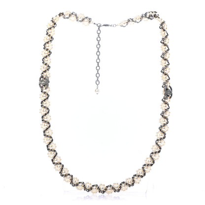 Chanel Crystal Pearl CC Braided Necklace Silver Pearly White 3 of 5