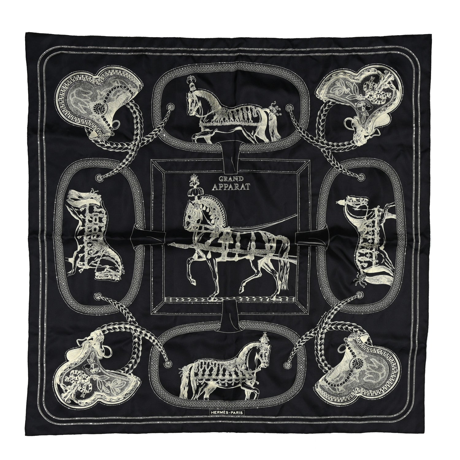 Hermes Silk Embroidered Grand Apparat Forever Scarf 90 Black Creme 1 of 4