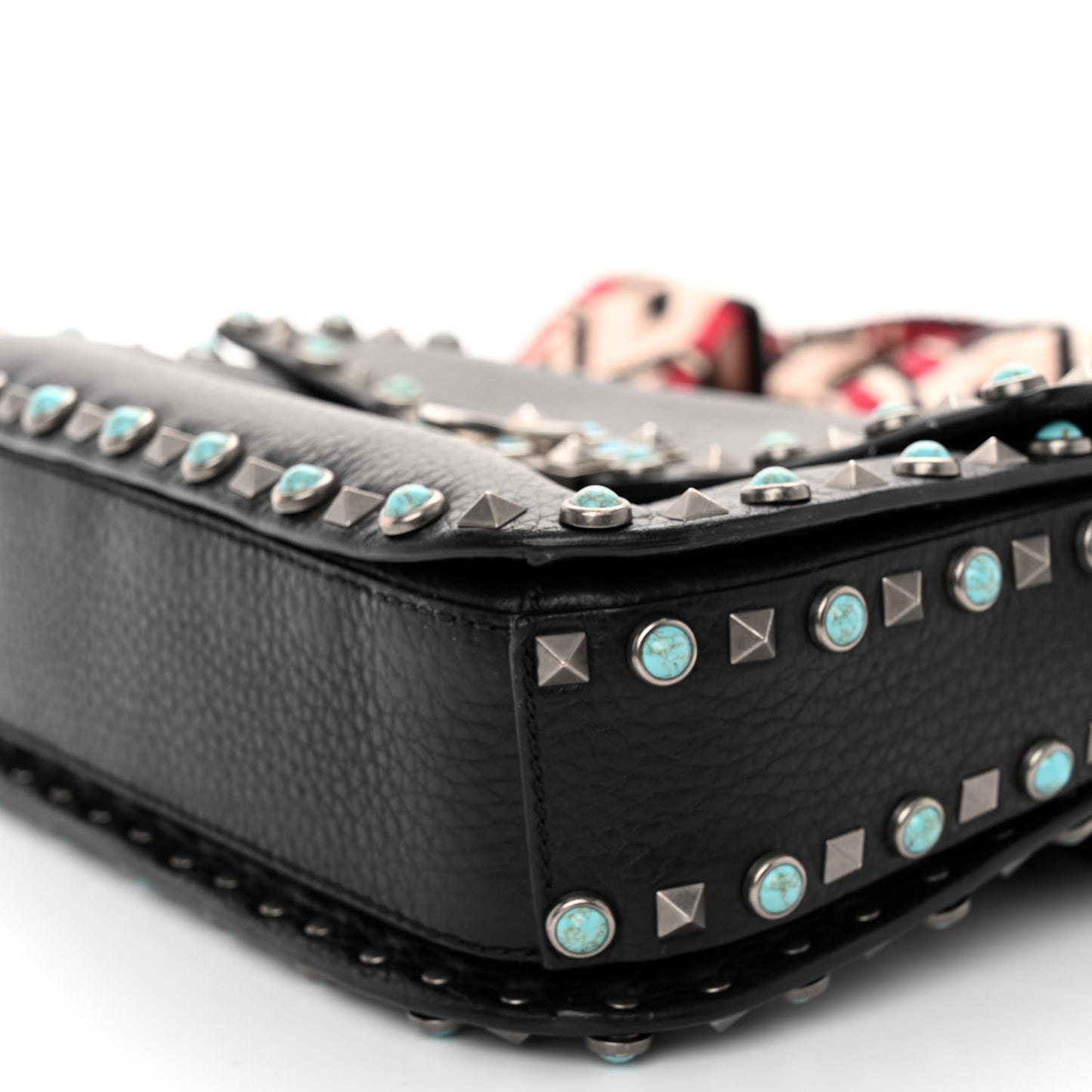 Pebbled Calfskin Turquoise Medium Guitar Strap Rockstud Rolling Flap Saddle Bag Black