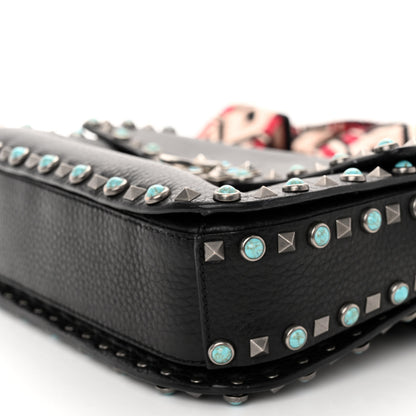 Valentino Garavani Pebbled Calfskin Turquoise Medium Guitar Strap Rockstud Rolling Flap Saddle Bag Black 9 of 12