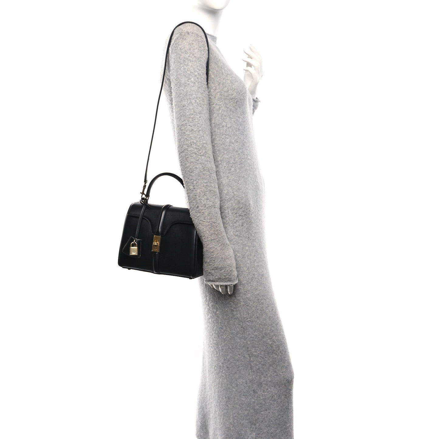 Satinated Calfskin Small 16 Top Handle Bag Black