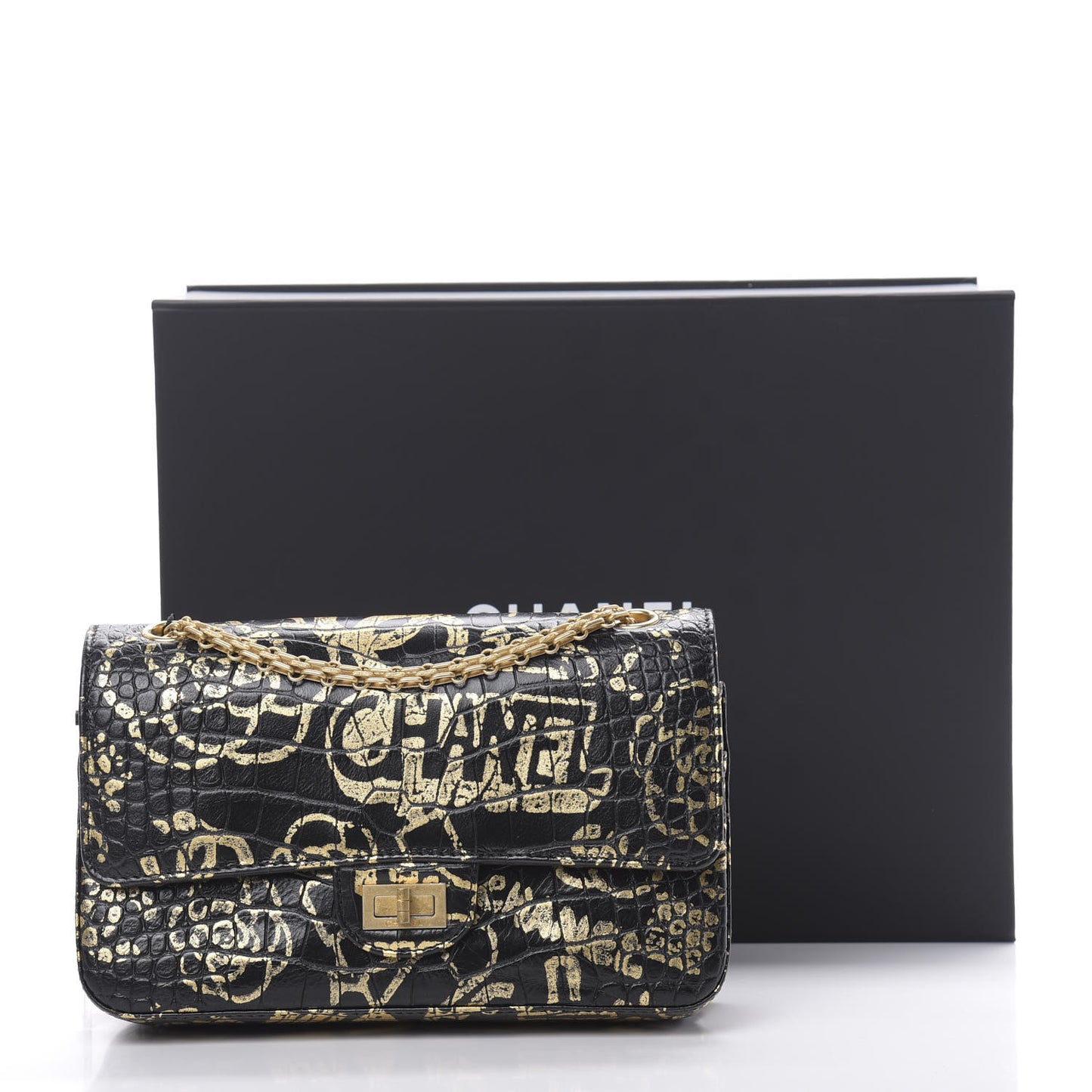 Calfskin Crocodile Embossed Graffiti 2.55 Cocodile Reissue 225 Flap Black Gold