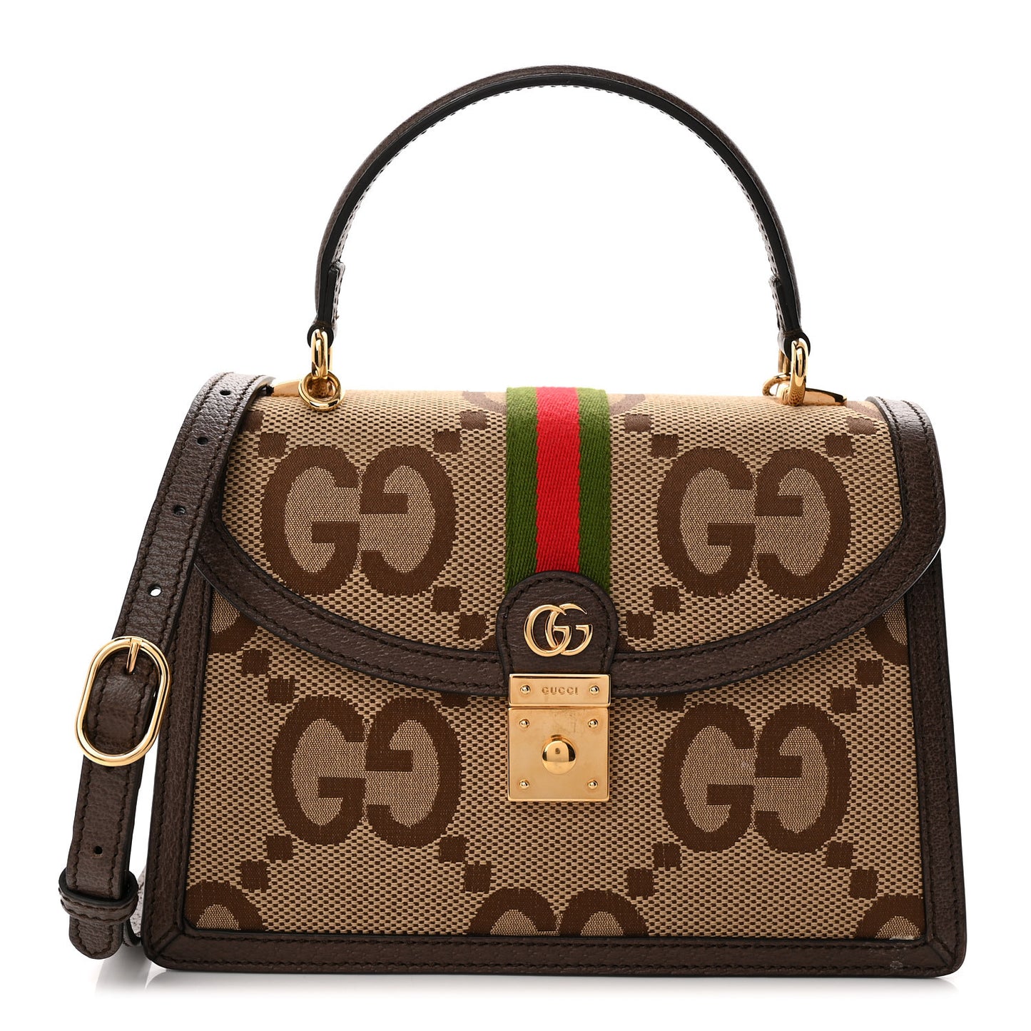 Monogram Jumbo GG Textured Dollar Calfskin Web Small Ophidia Padlock Top Handle Bag Camel Ebony New Acero