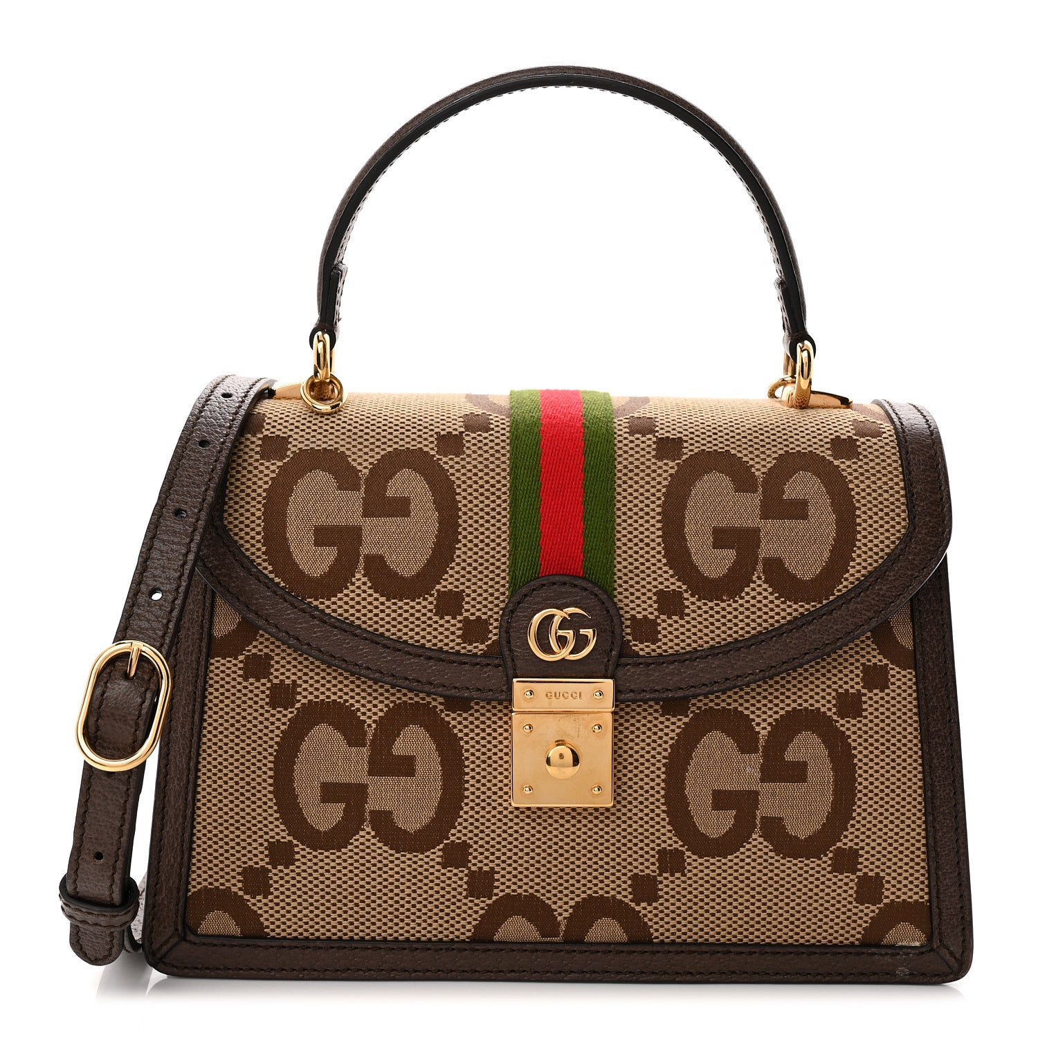 Gucci Monogram Jumbo GG Textured Dollar Calfskin Web Small Ophidia Padlock Top Handle Bag Camel Ebony New Acero 1 of 12