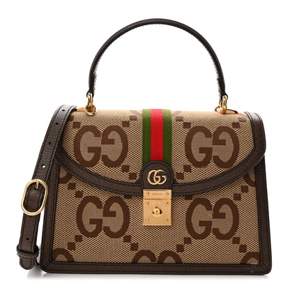 Gucci Monogram Jumbo GG Textured Dollar Calfskin Web Small Ophidia Padlock Top Handle Bag Camel Ebony New Acero 1 of 12